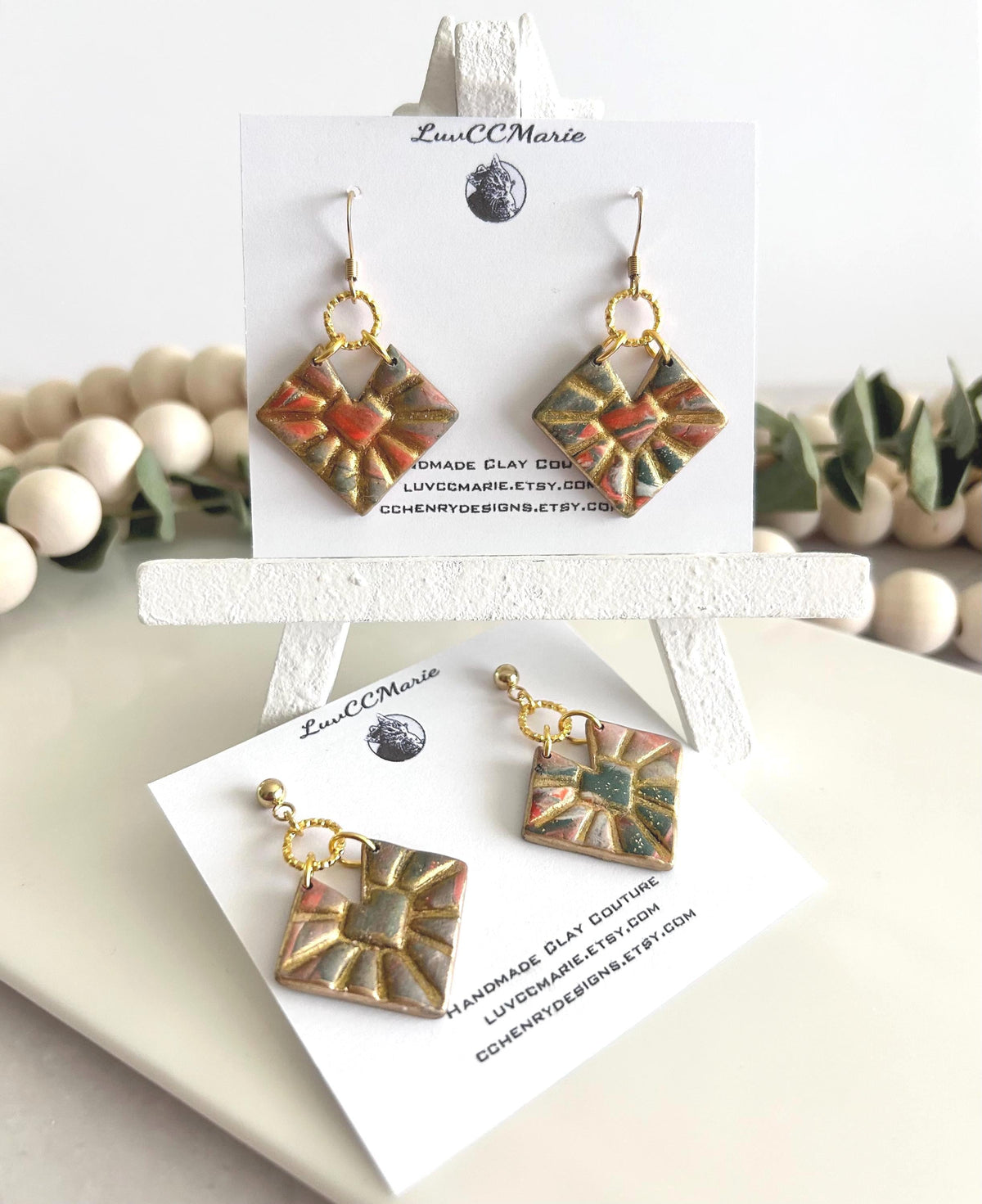 Green and Gold Marbled Geometric Hoop Dangles, Bright Orange Clay Earrings, Handmade Jewelry
