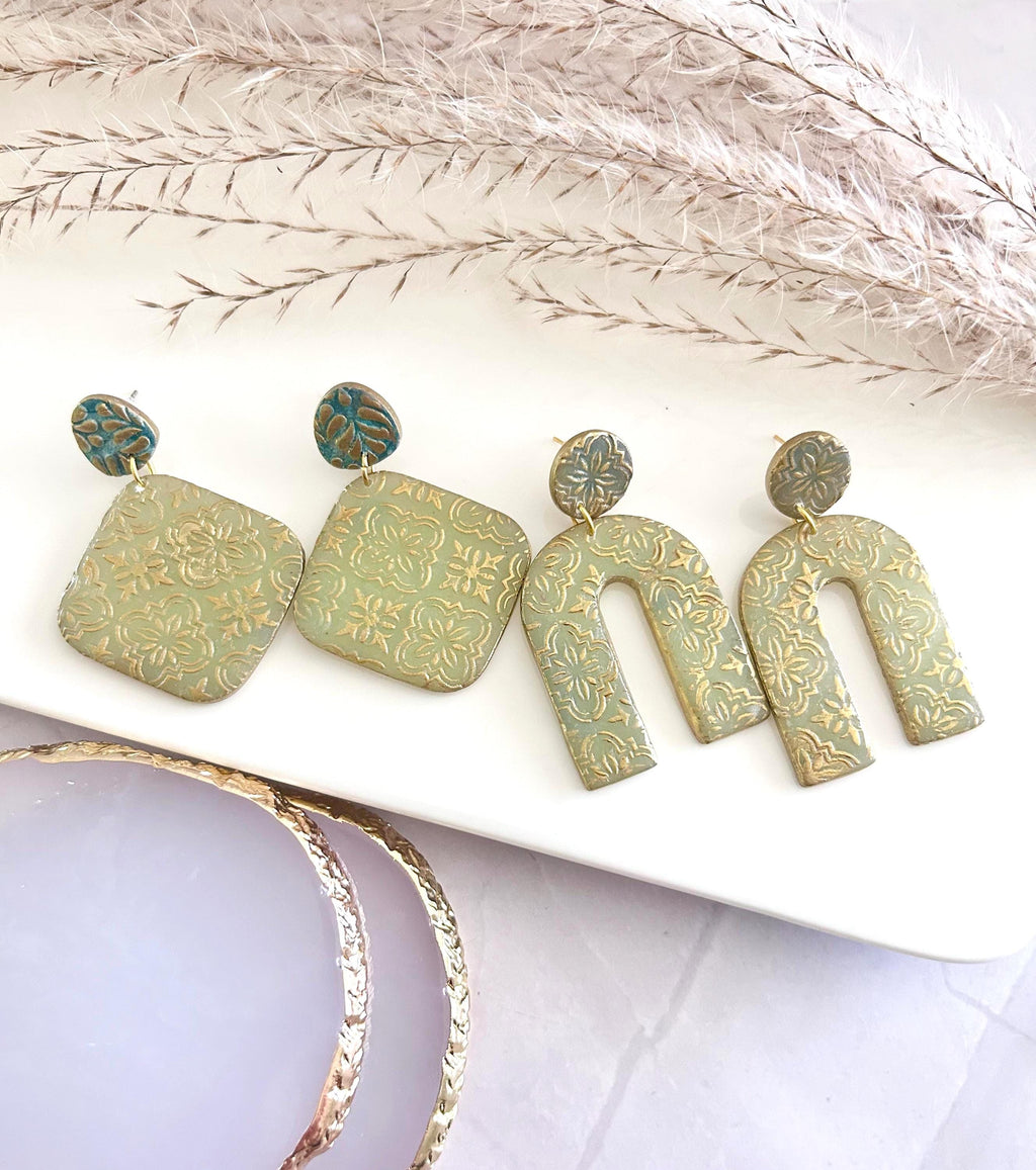 Gold & Sage Drop Studs, Santorini Earrings, Statement Arches, Holiday Jewelry