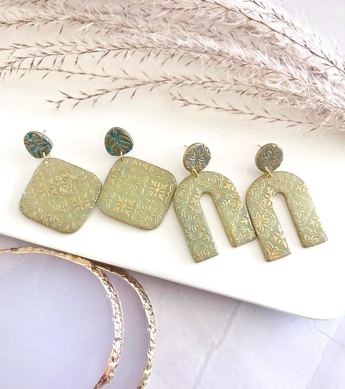 Gold & Sage Drop Studs, Santorini Earrings, Statement Arches, Holiday Jewelry