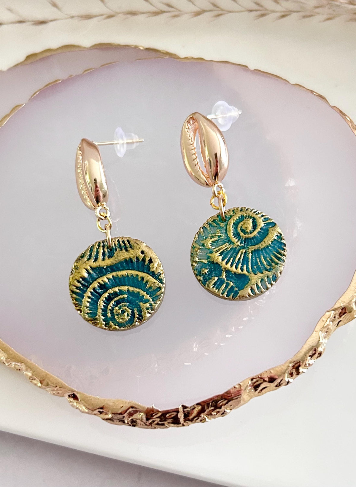 Seashell Cowrie Pearl Earrings, Coastal Vacation Faux Ammonite Drop Dangles, Handmade Clay Jewelry