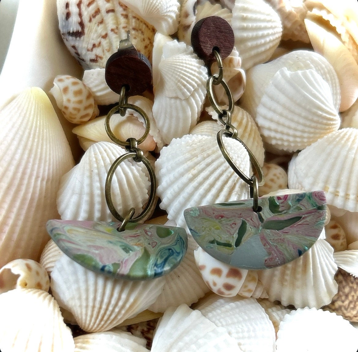 Pink and Olive Dangle Earrings, Extra Long Boho Dangles, Bronze, Clay & Wood