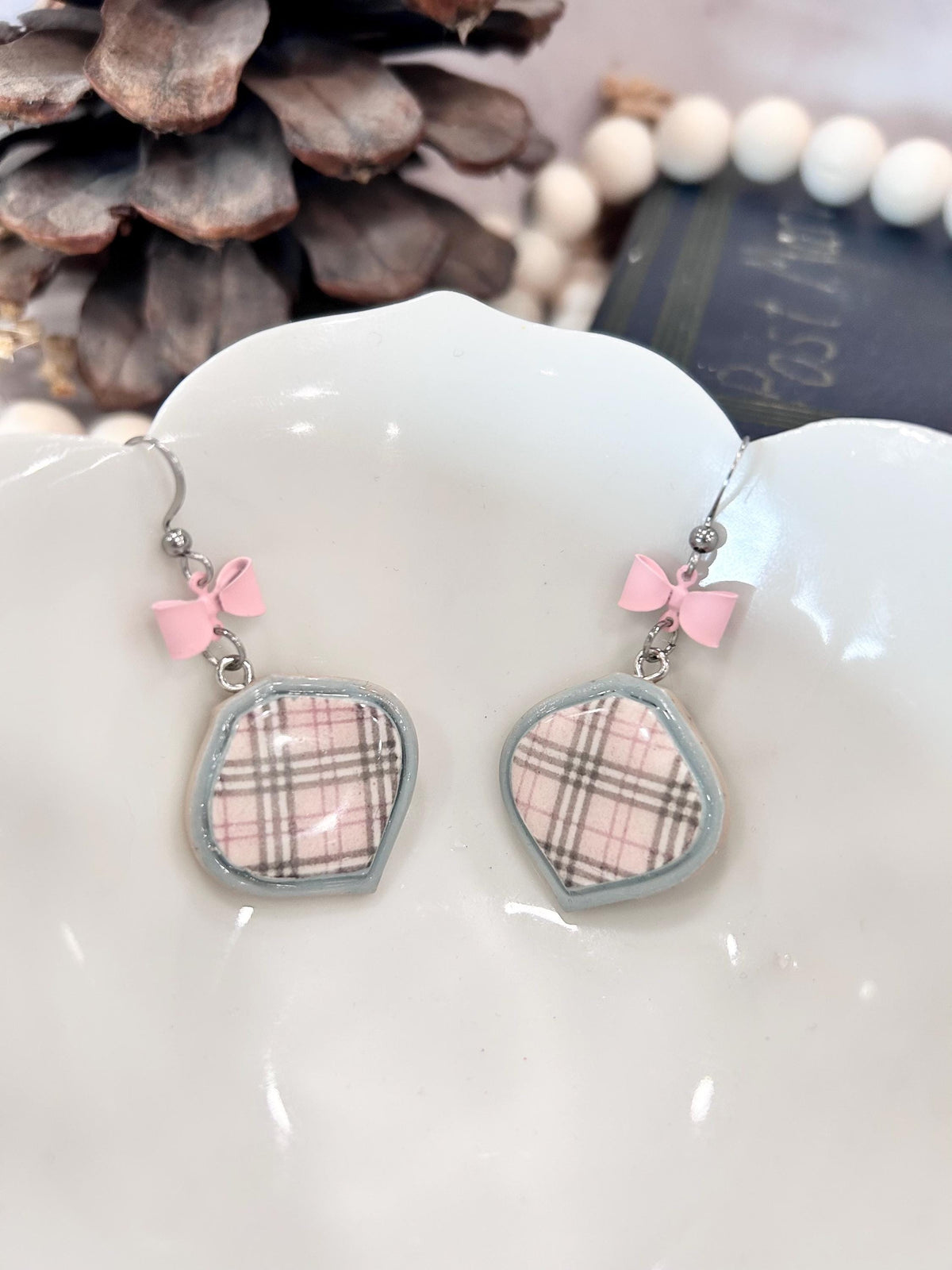 Pastel Pink and Light Gray Plaid Earrings with Bow Charm, Polymer Clay Geometric Dangles