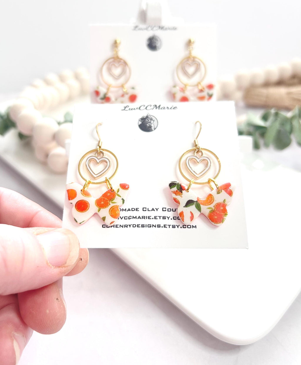 Handmade Orange Butterfly Clay Earrings: Boho Heart Charm Dangles