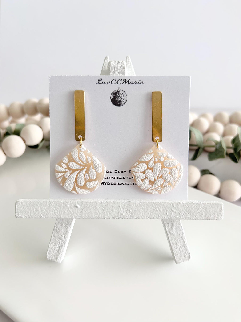 Nude and White Matisse Floral Dangle Earrings, Gold Lightweight Drop Dangles