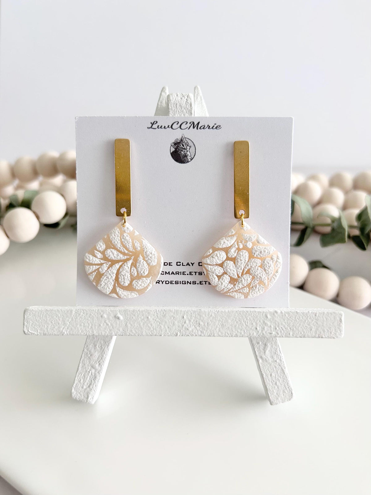 Nude and White Matisse Floral Dangle Earrings, Gold Lightweight Drop Dangles