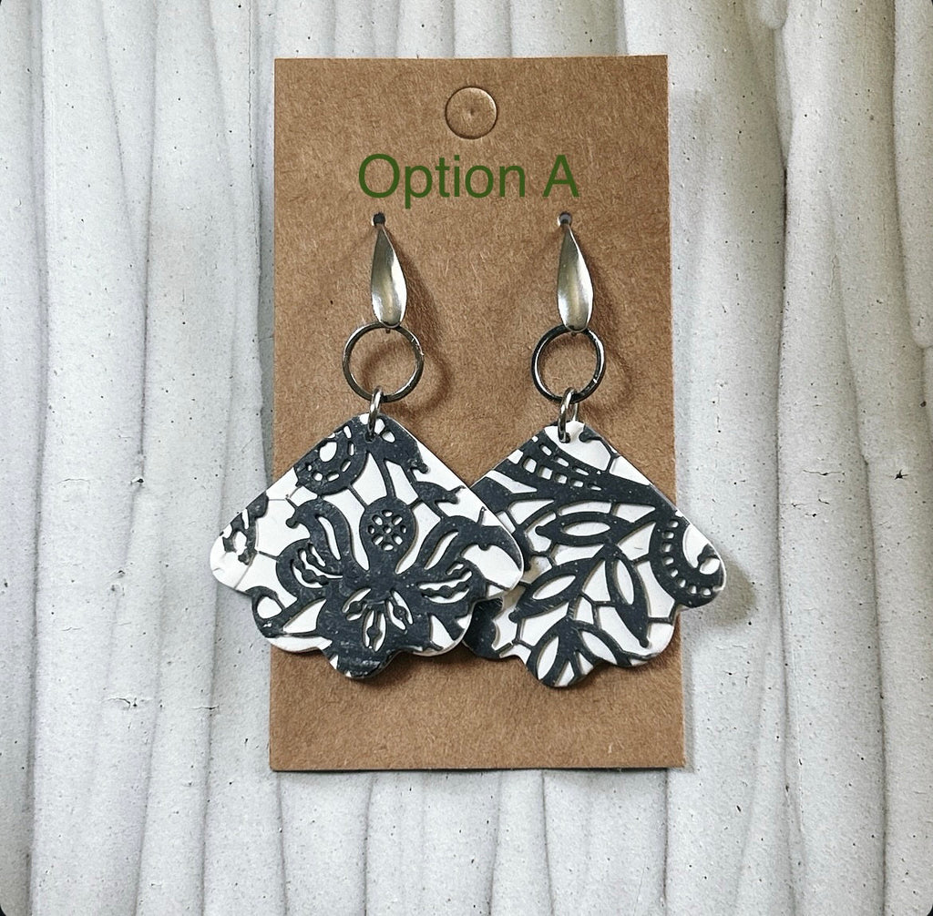 Black & White Lace Earrings, Charcoal Gray Wedding Dangles, Stainless Steel Clay Jewelry Handmade