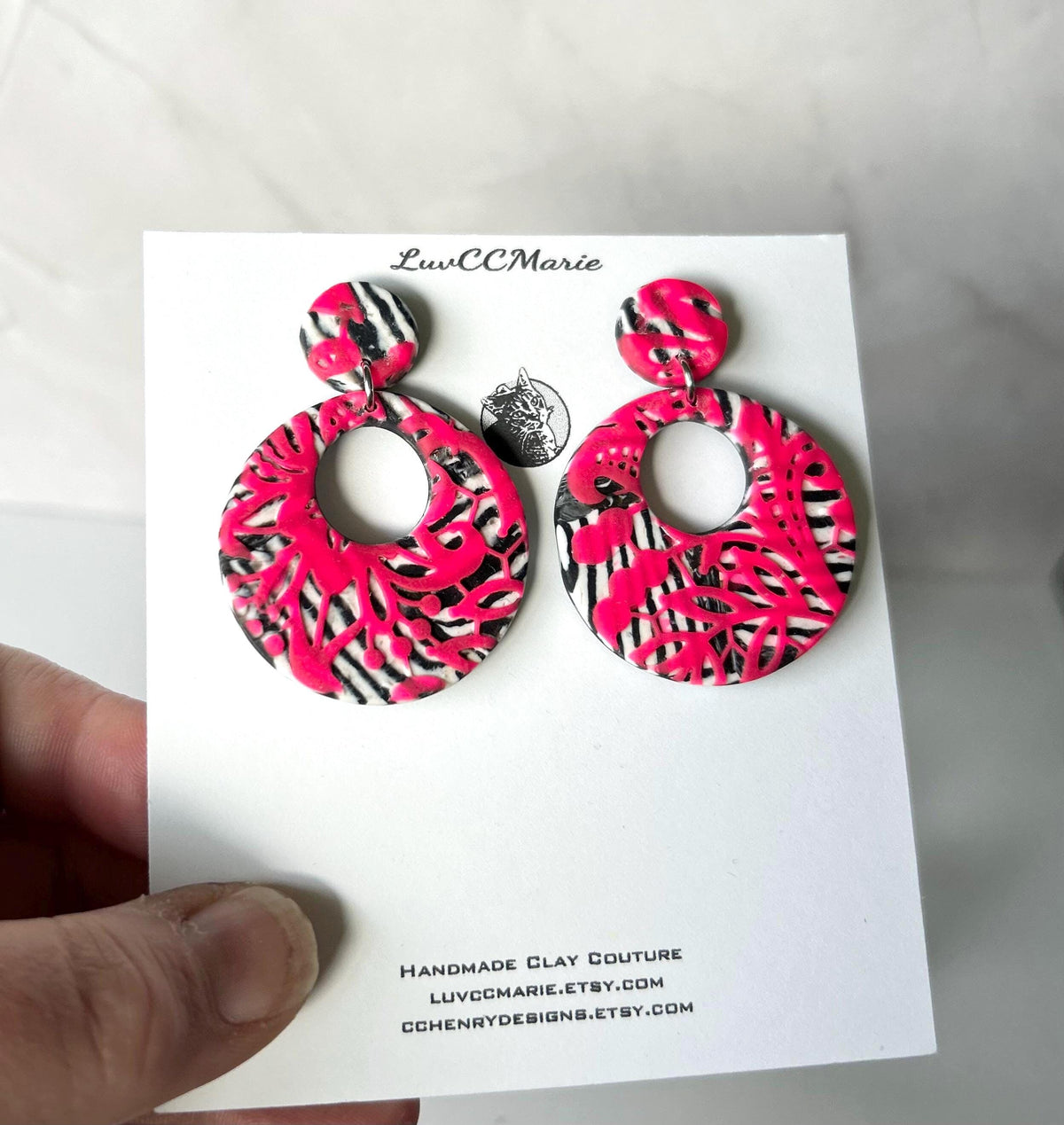 Pink and Black Zebra Earrings, 80's Retro Drop Hoop Clay Dangles, Modern Jewelry Gift