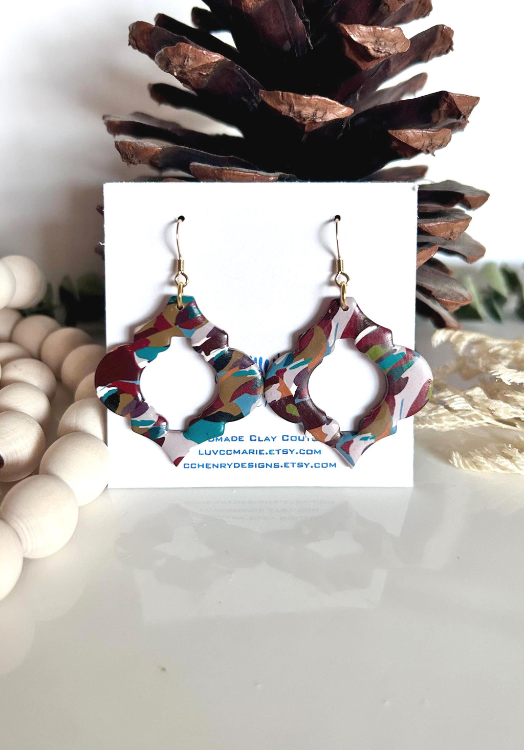 Handmade Moroccan Clay Earrings, Boho Chic Lightweight Dangles, Retro Large Multicolor Statement Jewelry