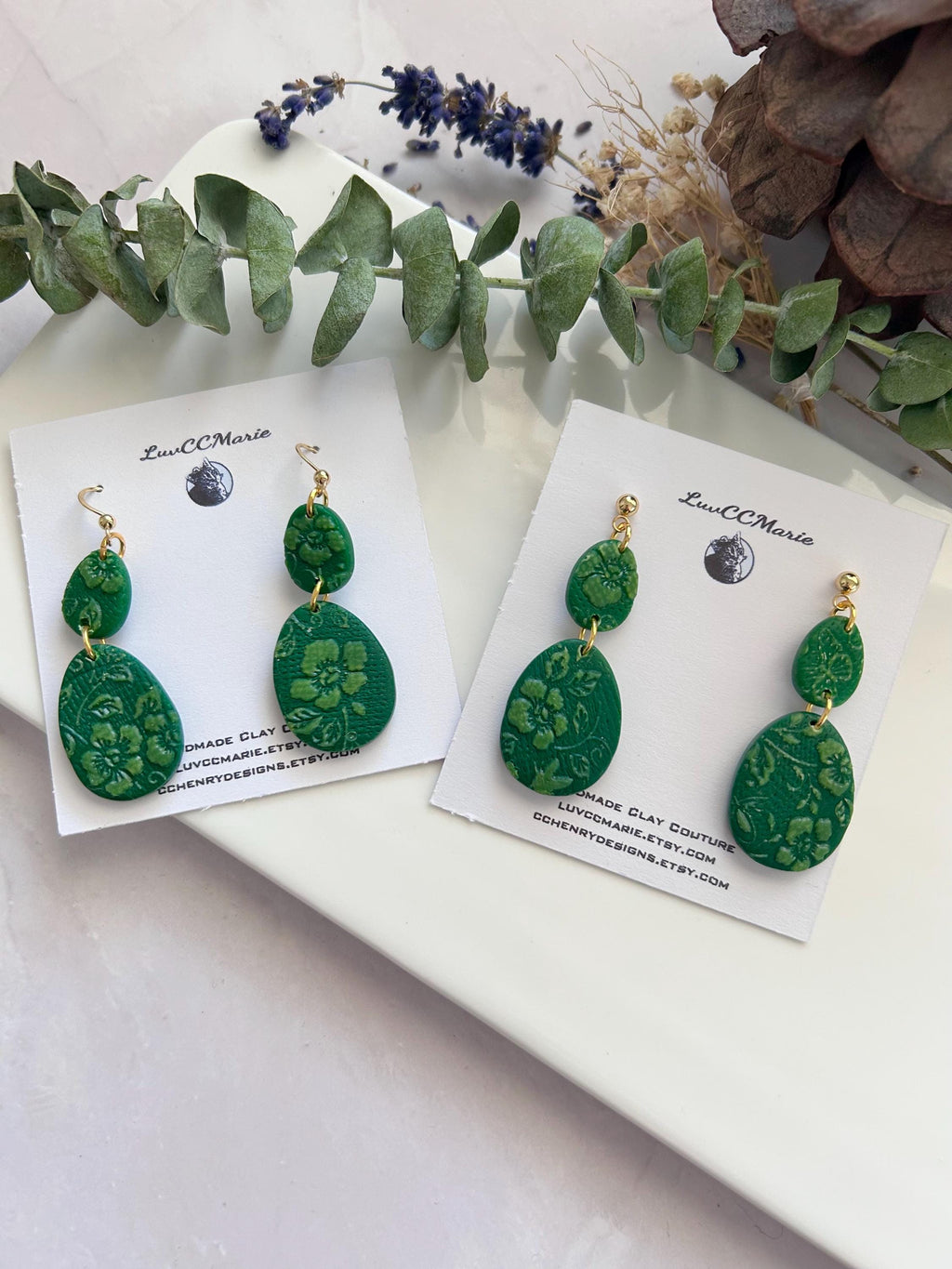 Bright Green and Sheer Cream Floral Clay Dangle Earrings, Handmade Jewelry