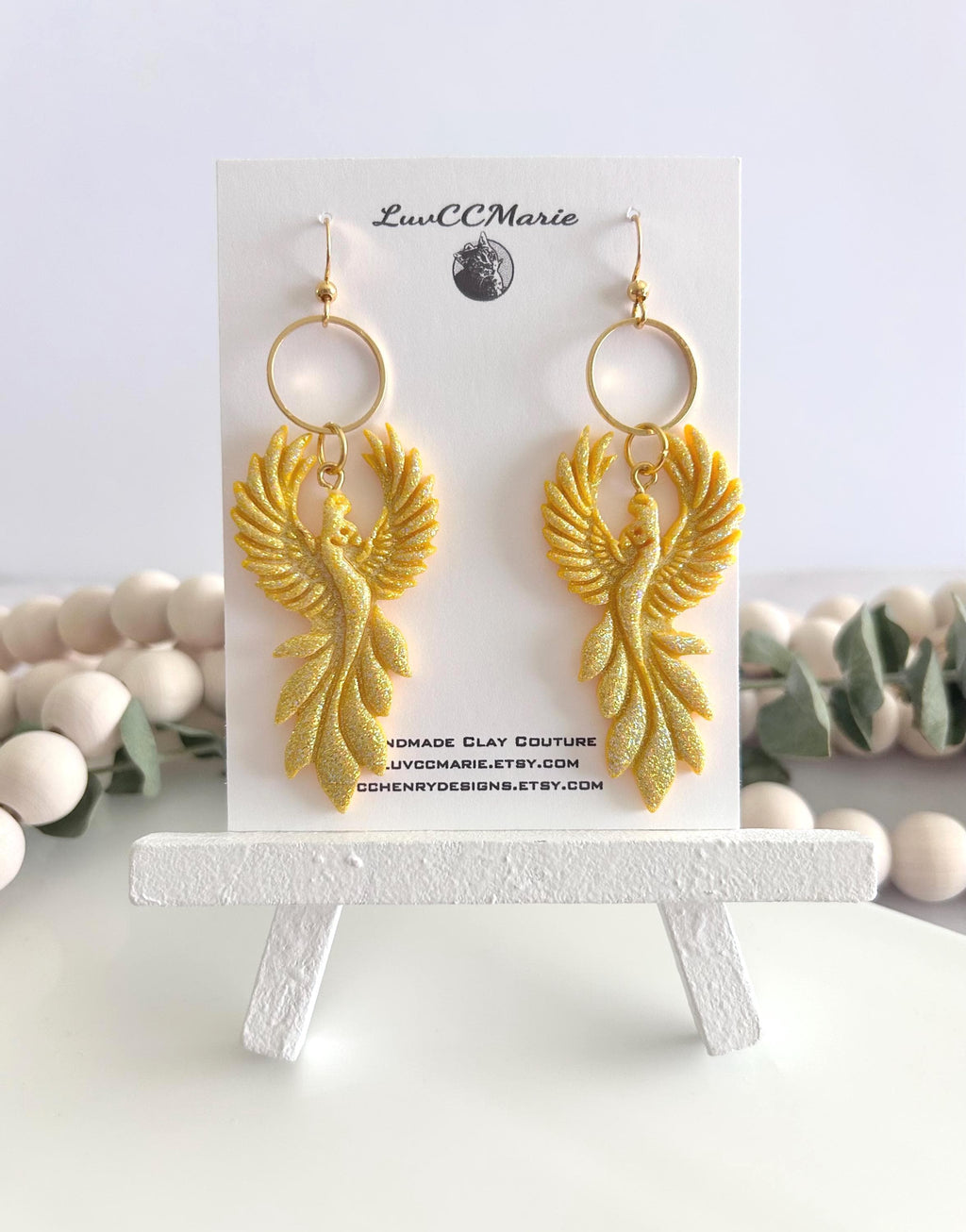 Iridescent Firebird Dangle Earrings, Handmade Clay Phoenix Dangles, Gold Glitter Statement Jewelry