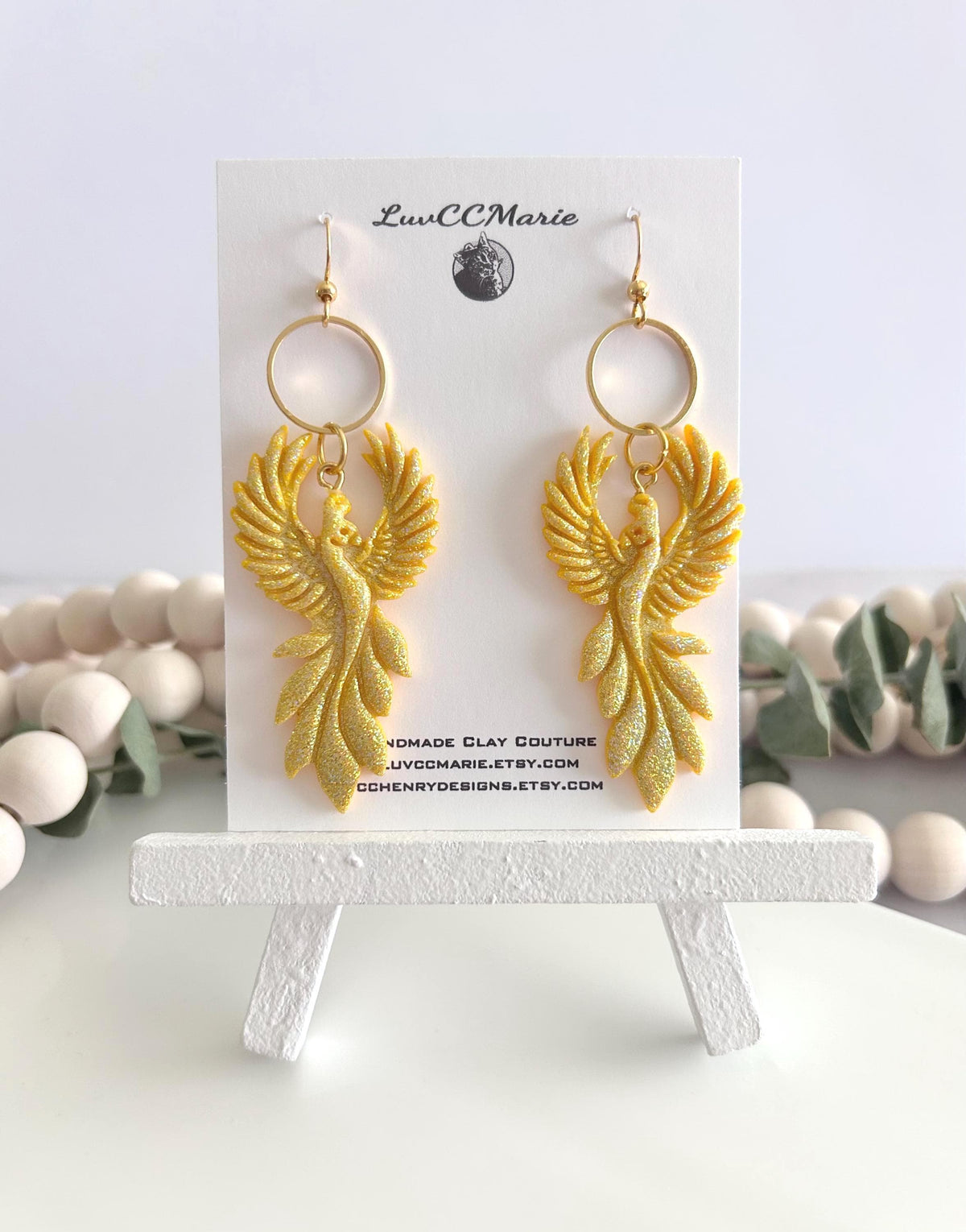 Iridescent Firebird Dangle Earrings, Handmade Clay Phoenix Dangles, Gold Glitter Statement Jewelry