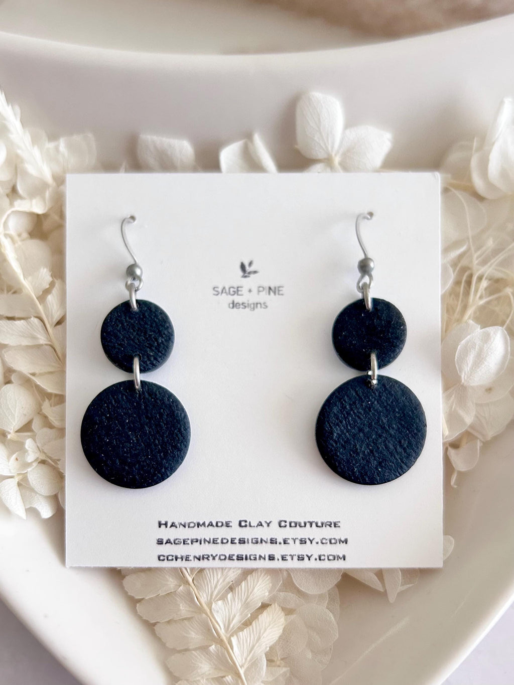 Matte Black Dangle Earrings, Clay Drops, Handmade Fashion Minimalist Jewelry