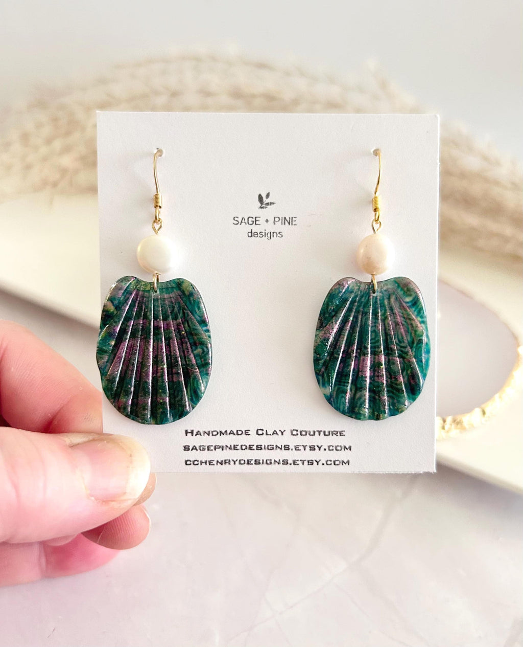 Pearl Shell Dangle Earrings, Abalone Inspired Seashell Dangles, Handmade Clay Coastal Jewelry