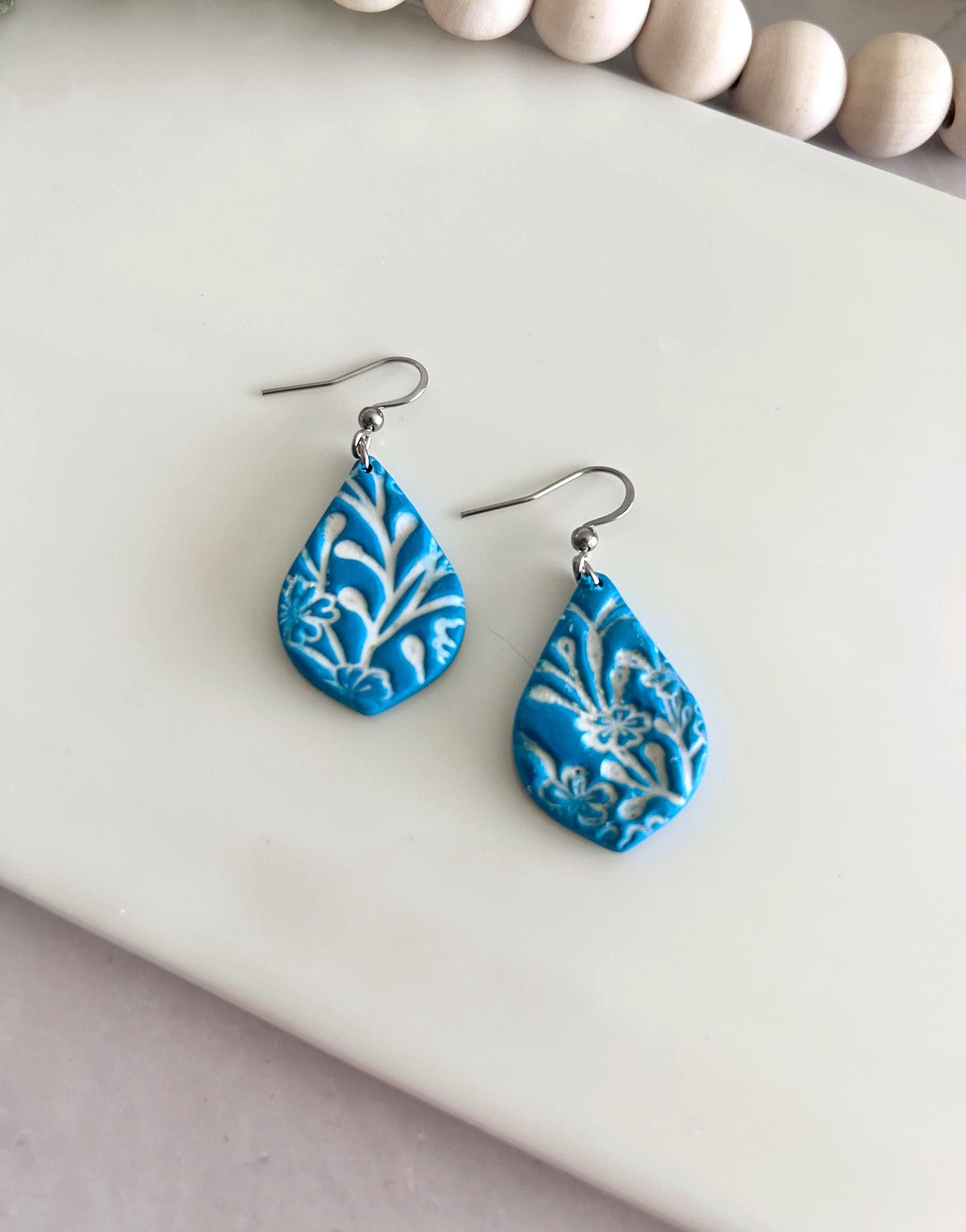 Teal Blue & White Dangle Earrings, Tile Clay Earrings, Boho Floral Dangles, Handmade Lightweight Jewelry