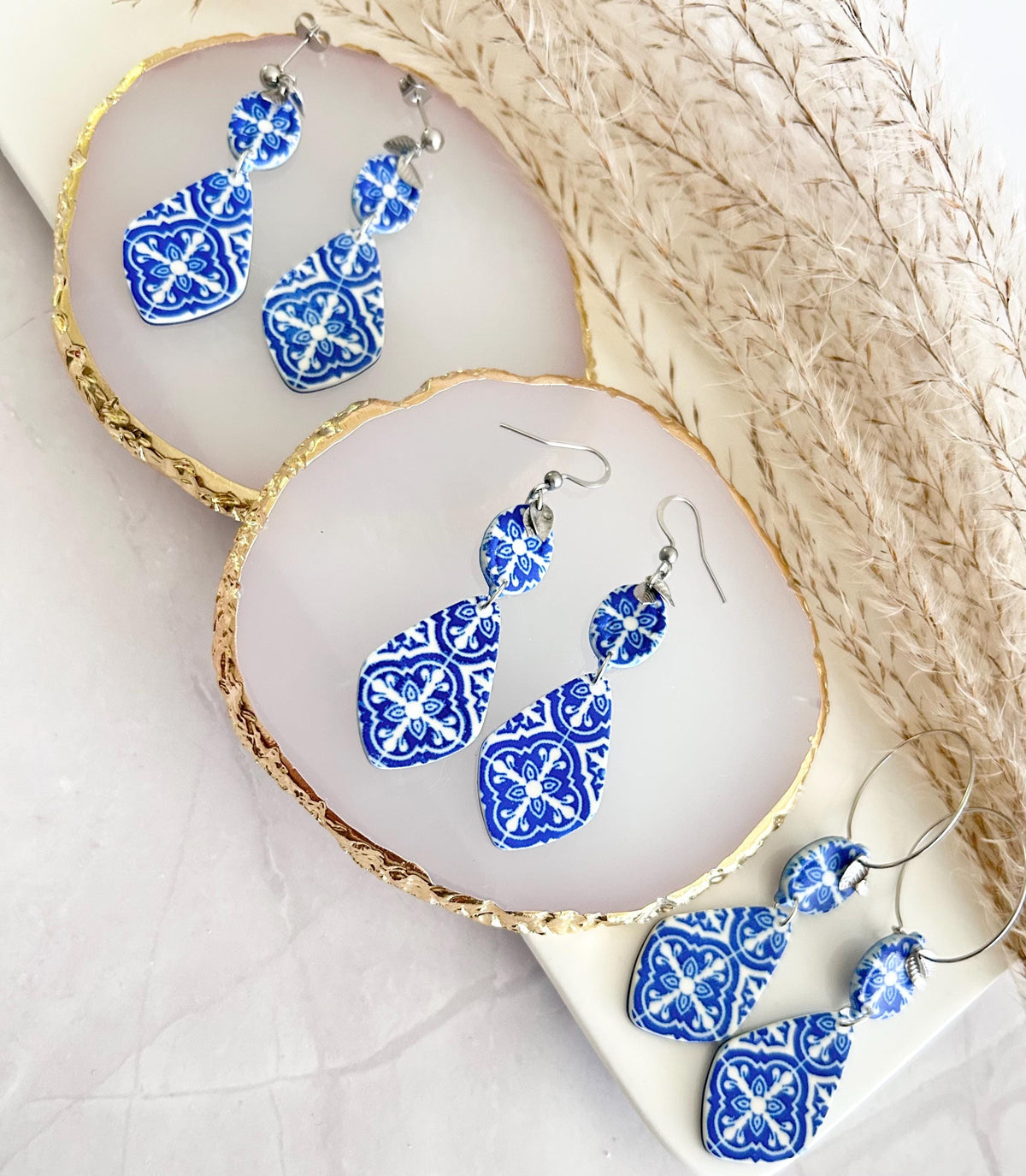 Santorini Earrings, Cobalt Blue Tile Dangles, Handmade Clay Boho Jewelry