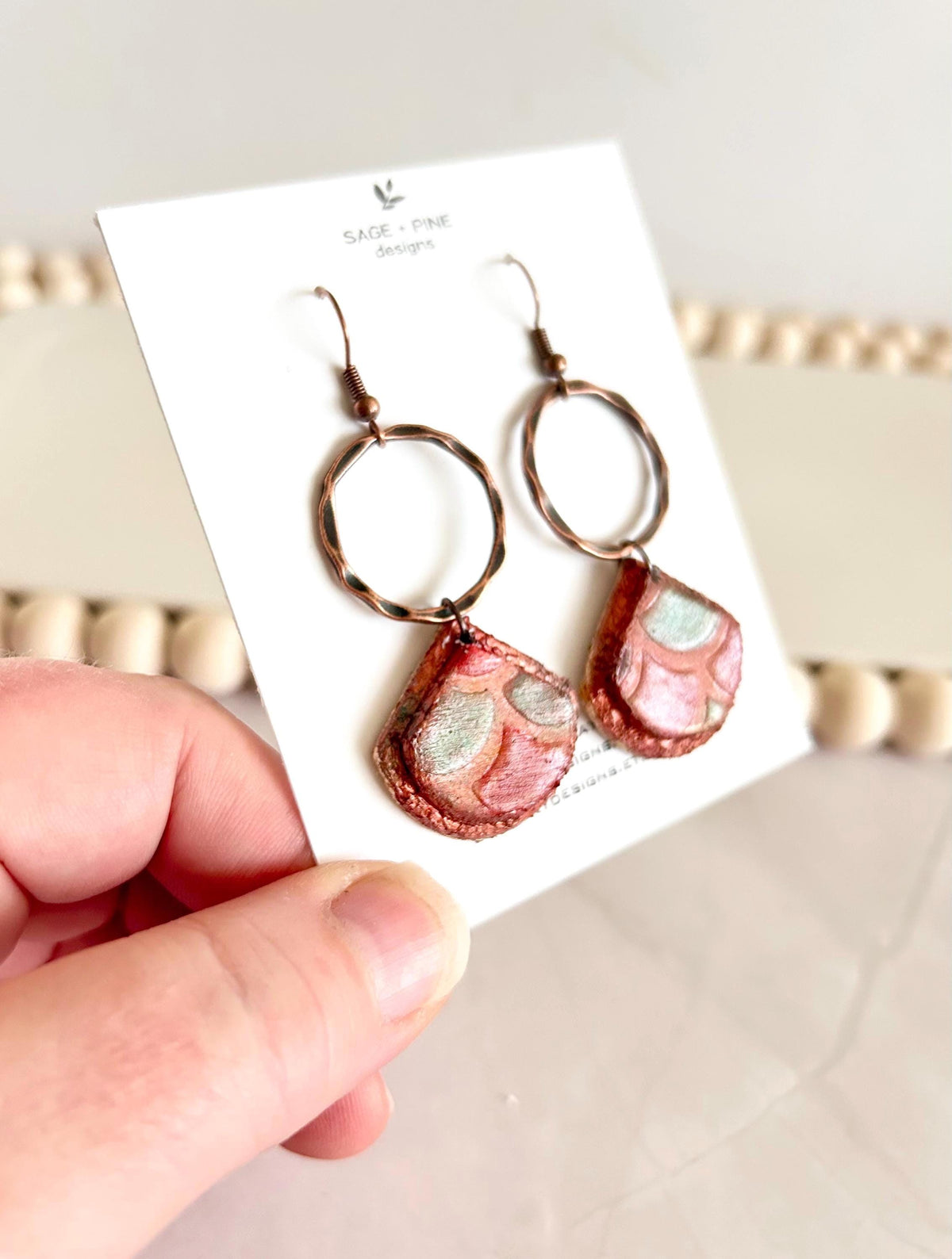 Copper Patina Clay Earrings, Abstract Hoop Drops, Green Statement Jewelry Gift