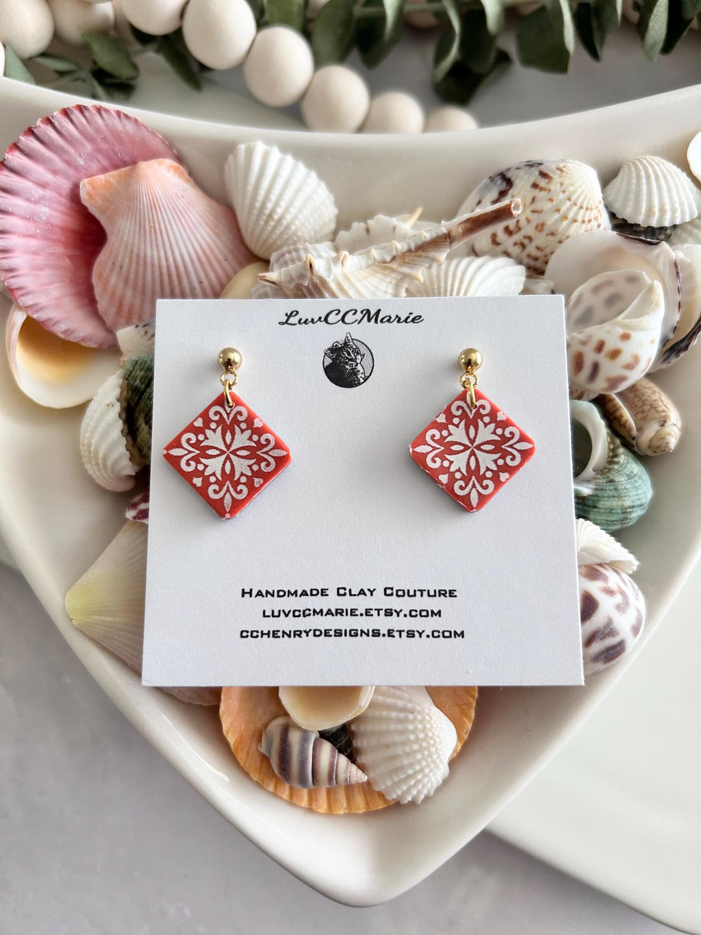 Coral Tile Clay Earrings: Hand-Painted Boho Dangle Jewelry