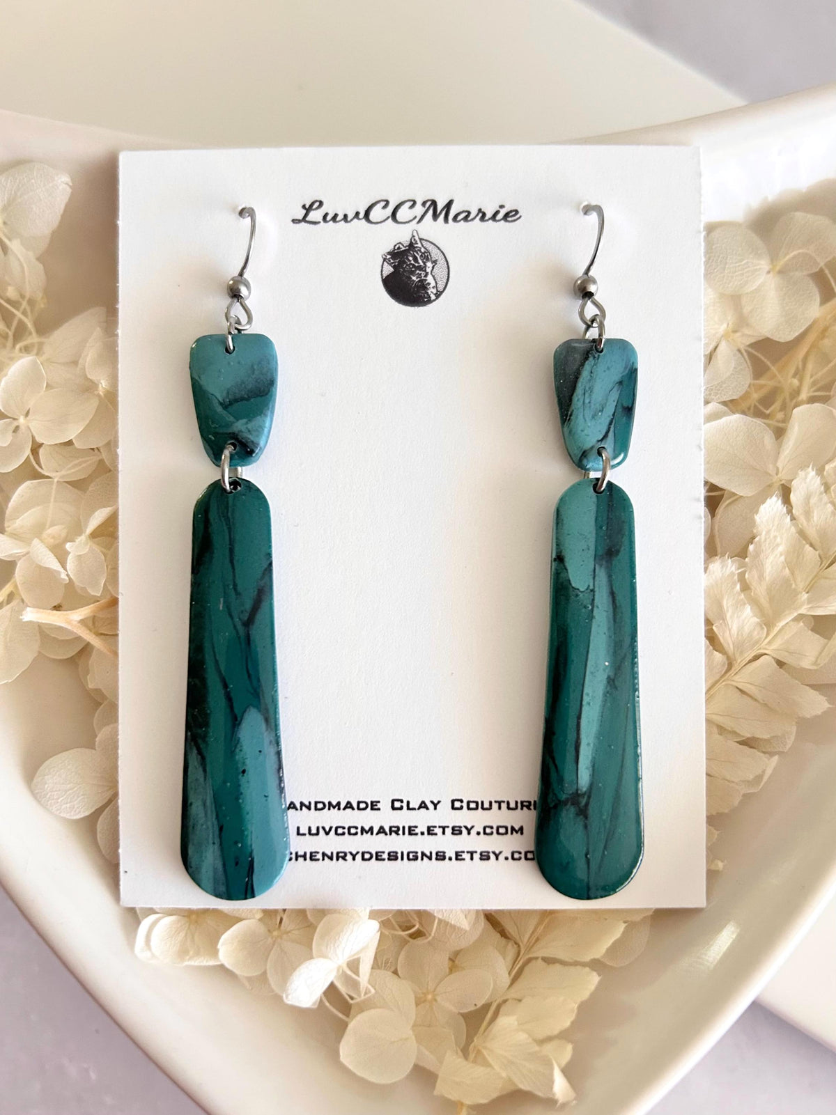 Emerald Green and Teal Blue Silver Long Dangle Earrings, Handmade Clay Coastal Jewelry