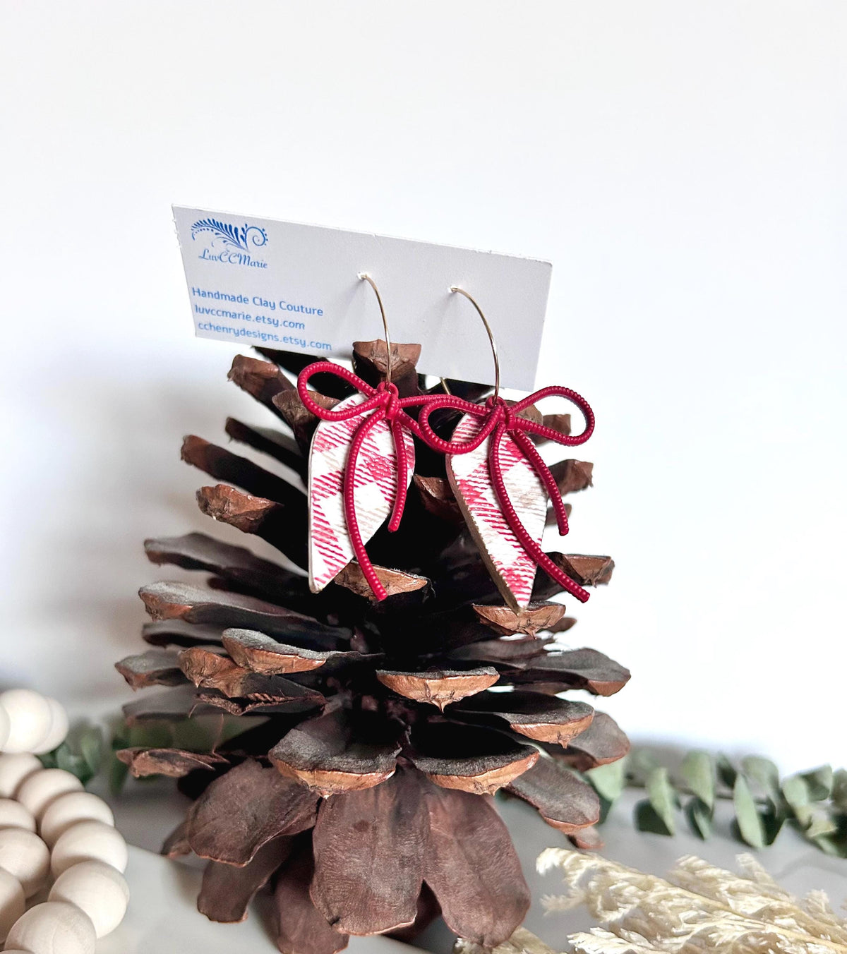 Dark Burgundy Red Earrings, Gingham Plaid Bow Dangles, Boho Handmade Clay Jewelry