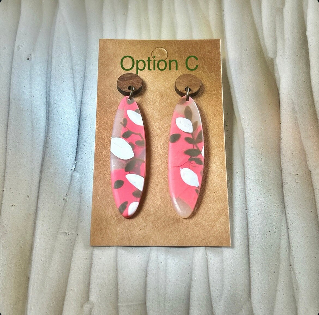 Coral Floral Clay Earrings: Boho Walnut Wood Dangles