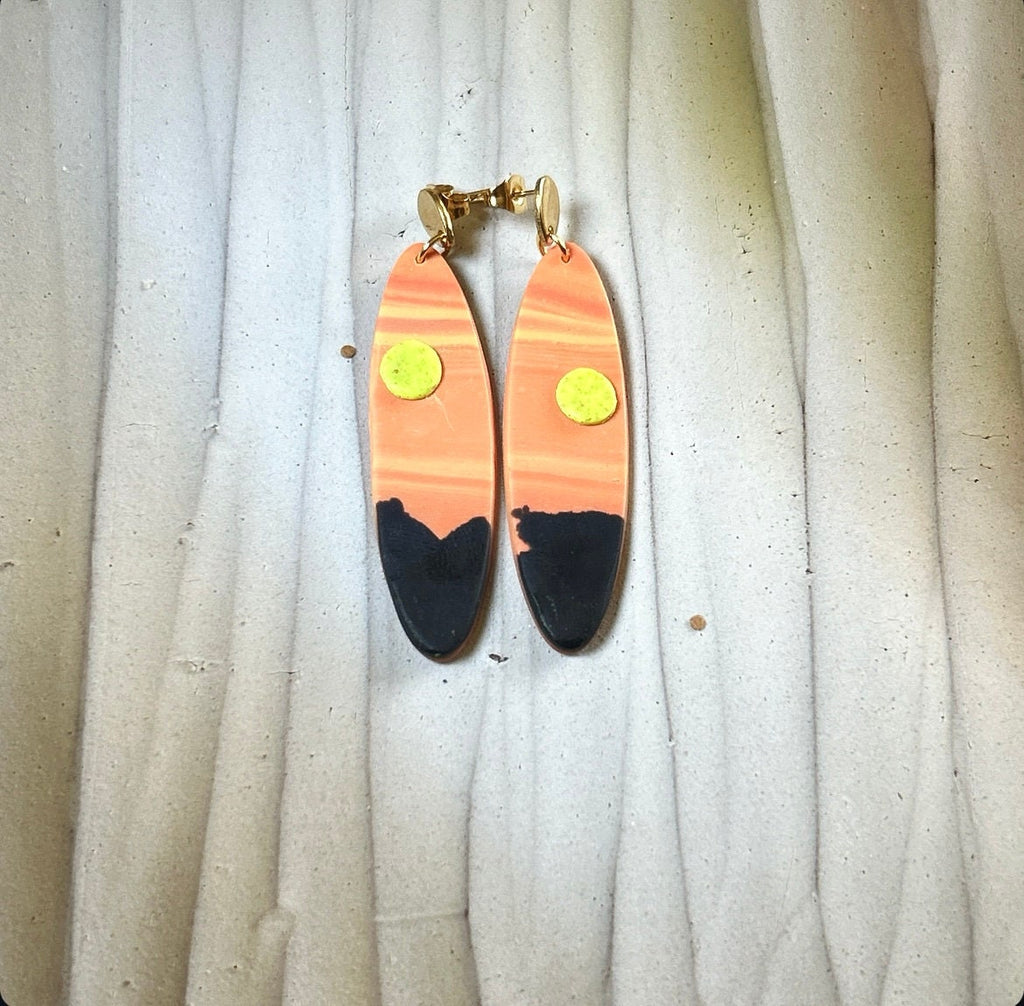 Orange Surfboard Clay Earrings, Handmade Boho Vacation Jewelry, Sunset Dangles