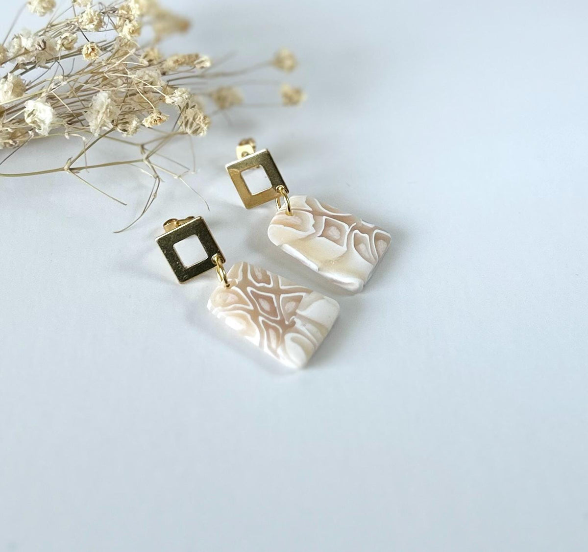 Beige and White Drop Earrings, Neutral Clay Dangles, Abstract Tortoiseshell Handmade Jewelry