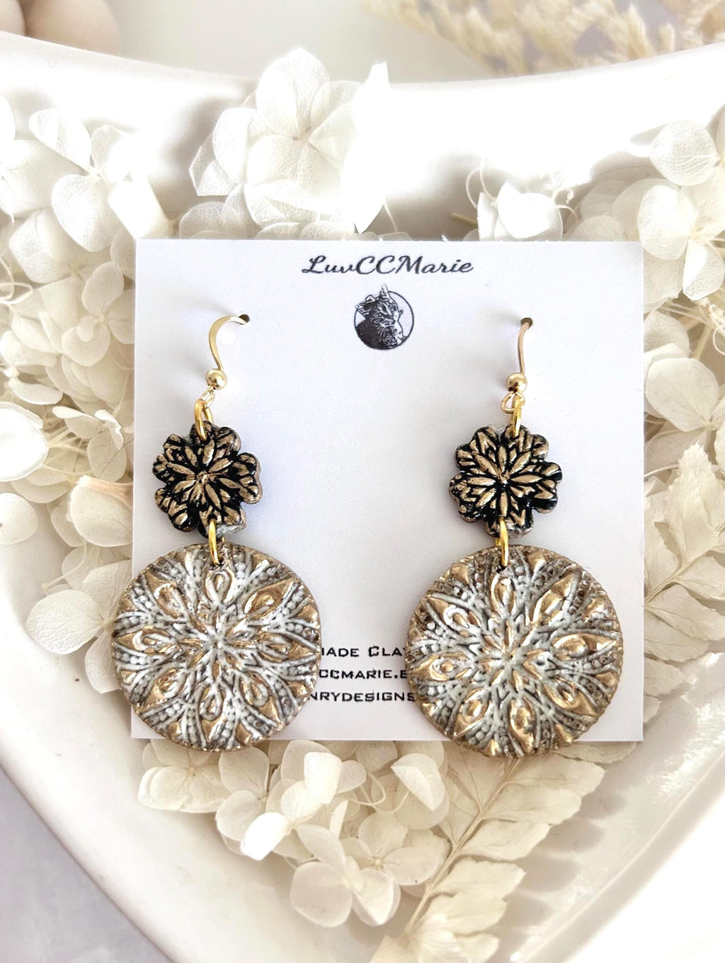 Gold Black White Floral Mandala Dangle Earrings, Handmade Clay Boho Dangles
