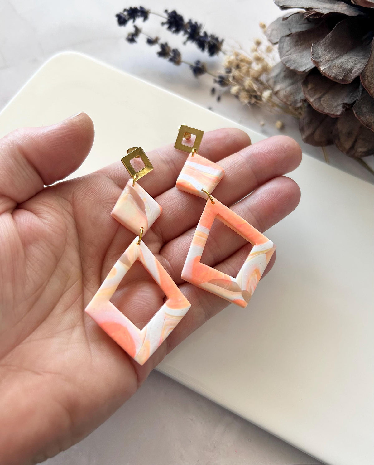 Coral Statement Dangle Earrings, Geometric Dangles, Handmade Lightweight Boho Jewelry