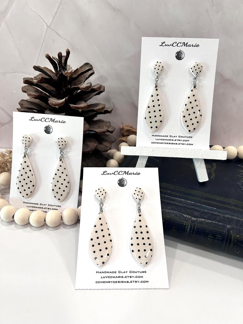 Polka Dot Earrings, Black and White Drop Earrings, Long Teardrop Clay Dangles, Handmade Jewelry