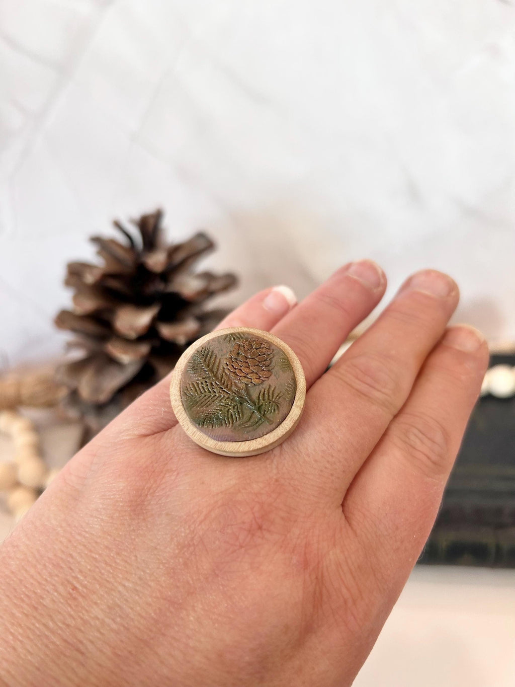 Handmade Pinecone Statement Ring: Mocha Clay & Wood, Adjustable Boho Jewelry