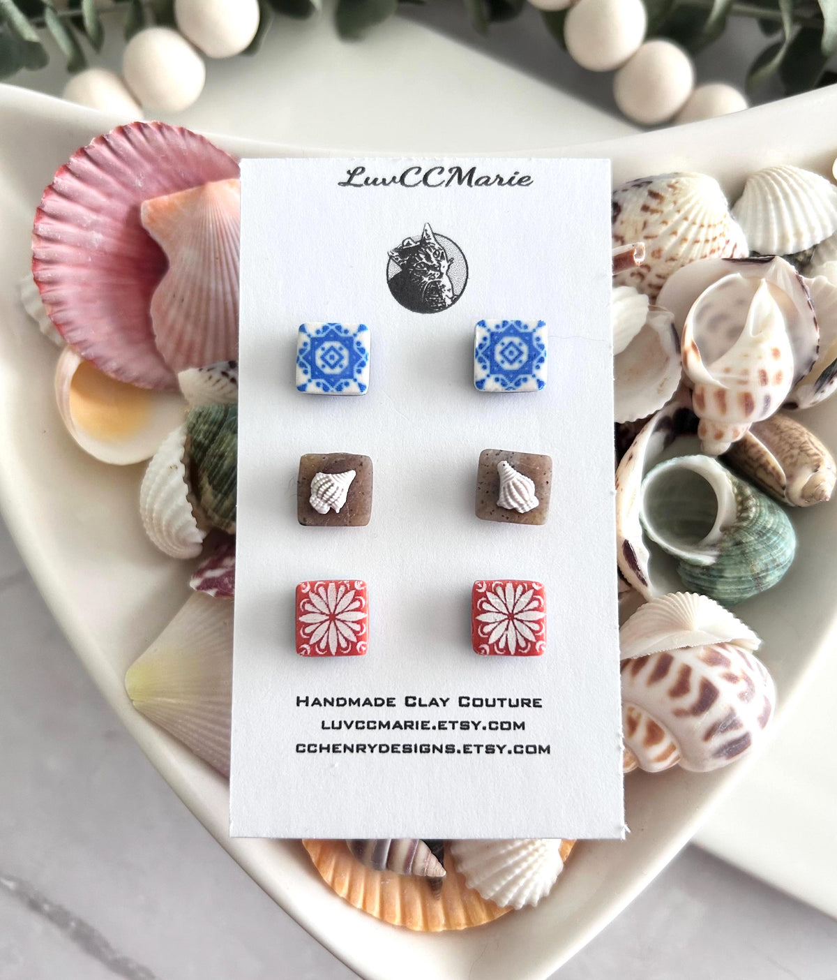 Tile Studs, Santorini Clay Stud Set, Mediterranean Vacation Boho Earrings, Handmade Jewelry, Stocking Stuffers