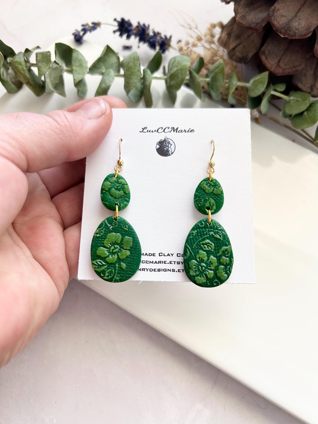 Bright Green and Sheer Cream Floral Clay Dangle Earrings, Handmade Jewelry