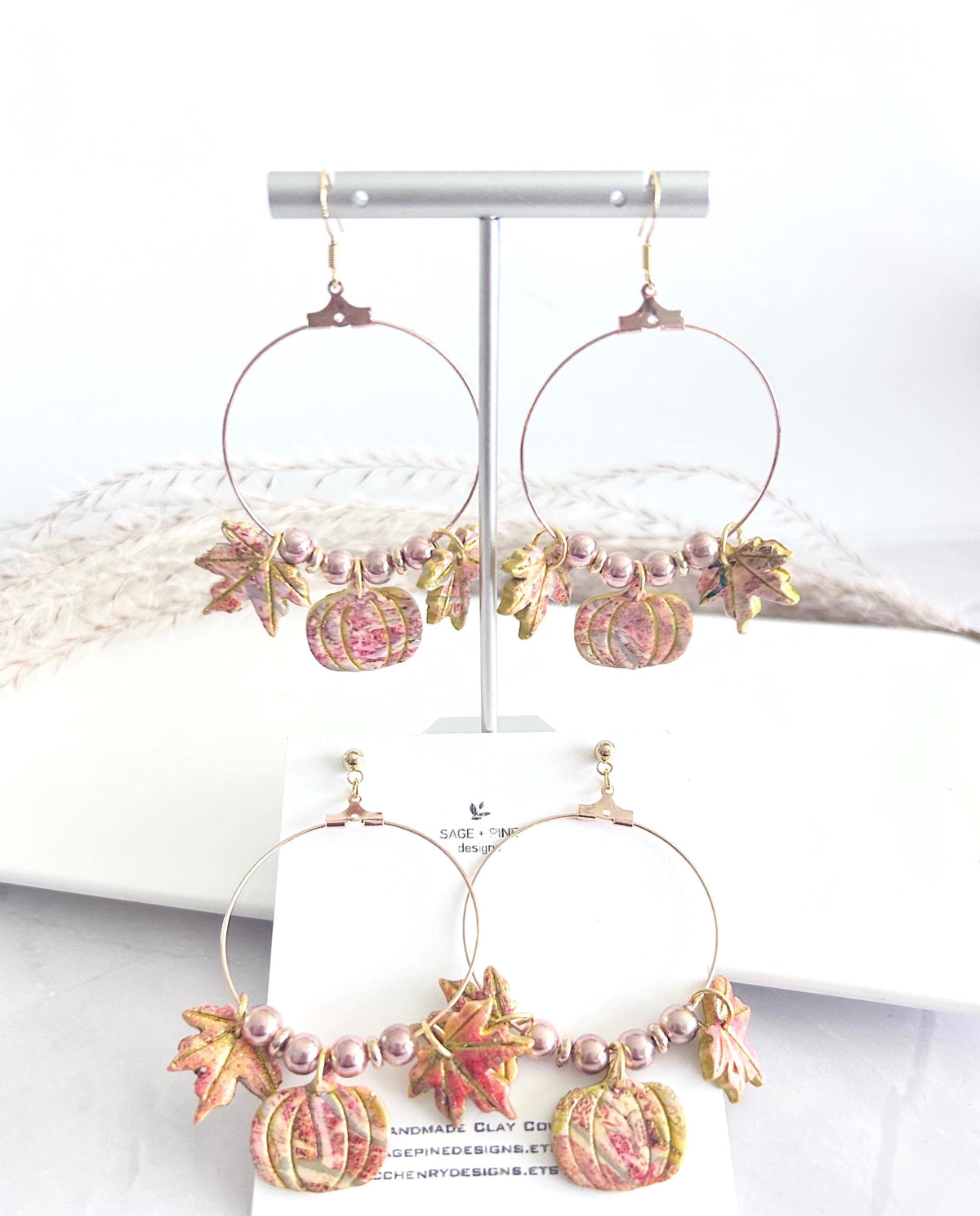 Fall Leaf Clay Earrings, Pumpkin Maple Beaded Hoop Dangles, Boho Hypoallergenic Lightweight Jewelry