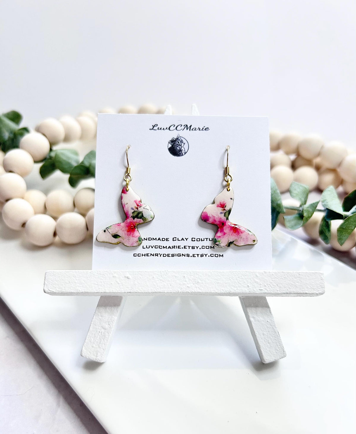 White and Pink Butterfly Earrings, Dainty Dangles, Floral Drops, Handmade Clay Fashion Gift