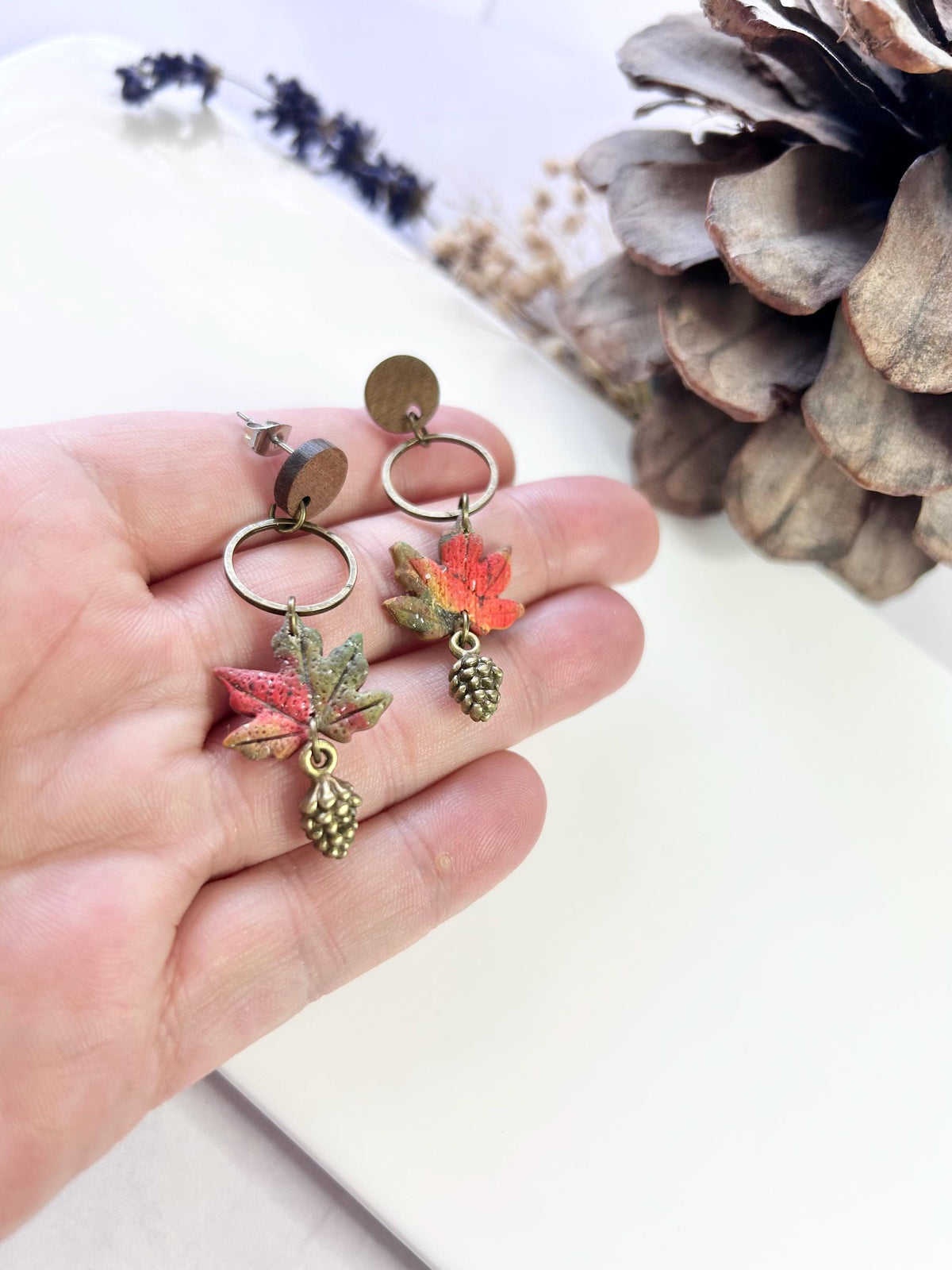 Watercolor Leaf Clay Earrings, Pine Cone Dangles: Walnut and Bronze Boho Jewelry