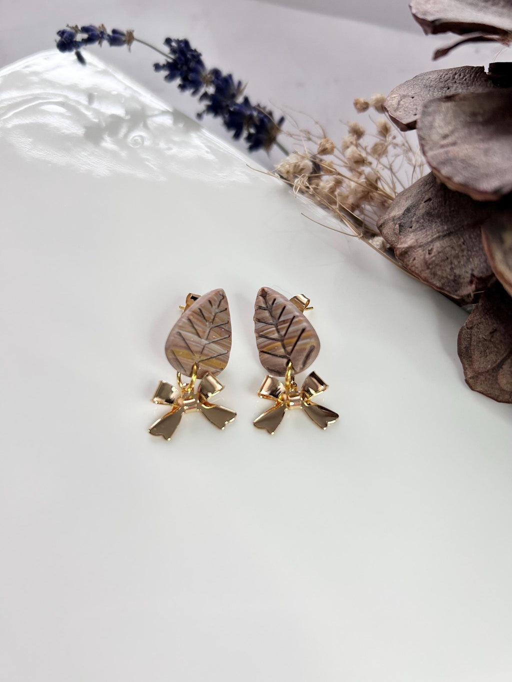 Handmade Leaf Earrings, Neutral Brown Gold Bow Dangles, Boho Lightweight Jewelry
