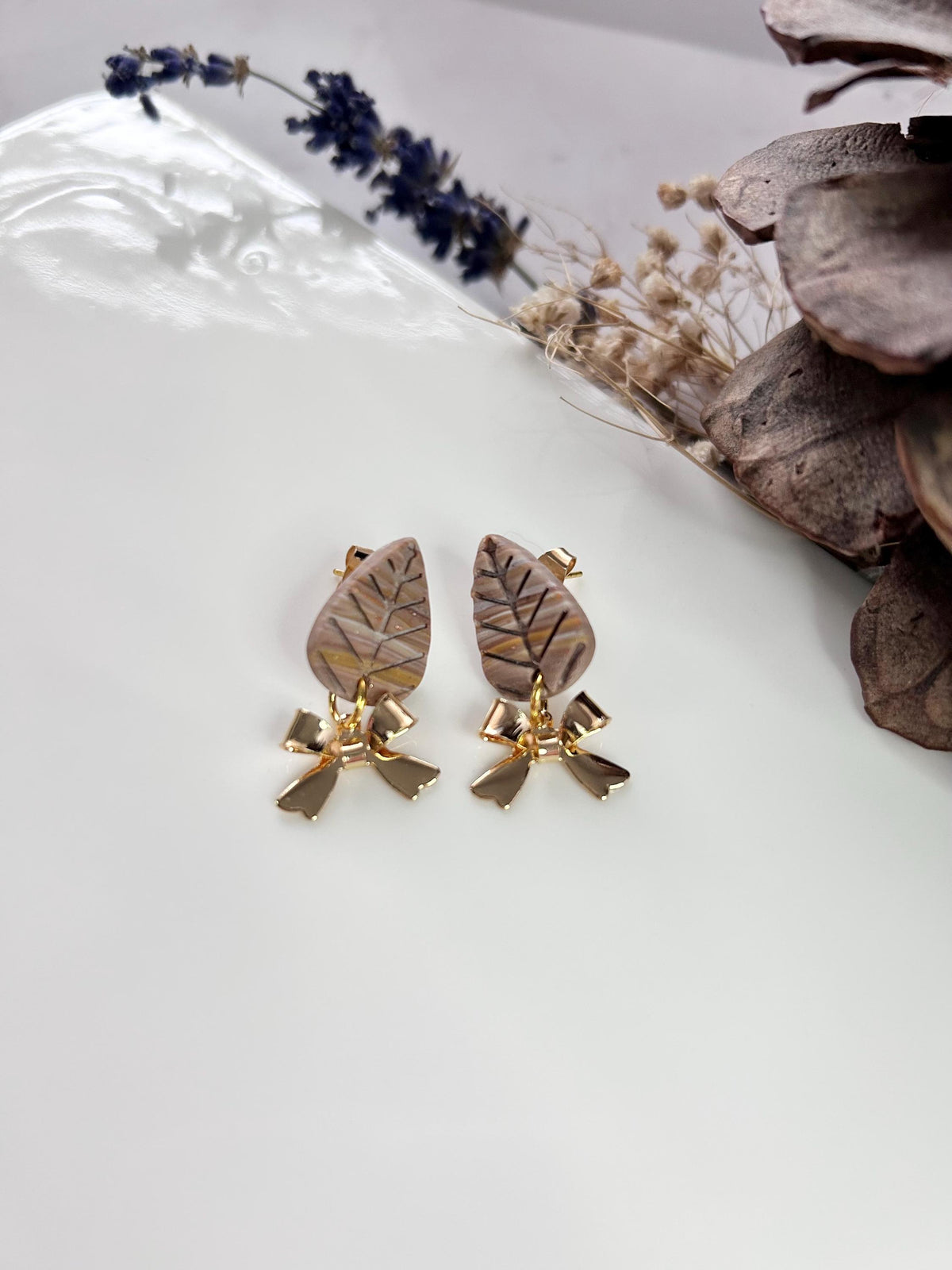 Handmade Leaf Earrings, Neutral Brown Gold Bow Dangles, Boho Lightweight Jewelry