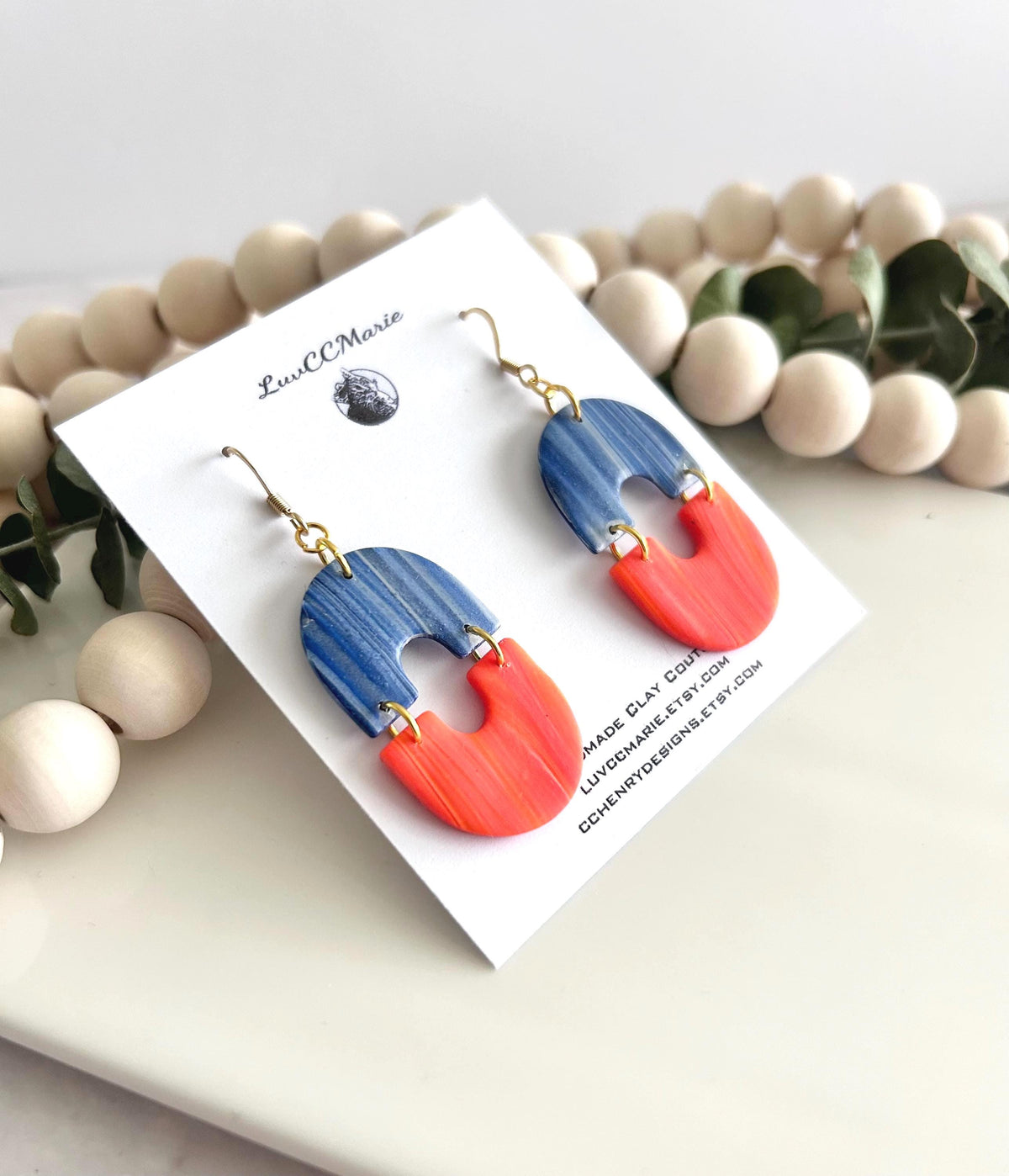 Orange Navy Blue Dangles, Marbled Coral Clay Long Bright Earrings, Neon Summer Drop Handmade