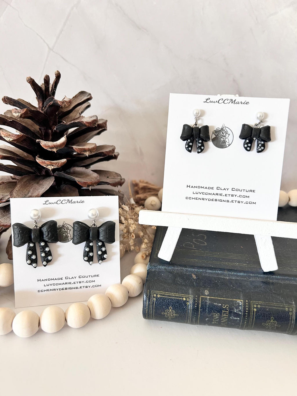 Black Clay Bow Knot Dangle Earrings, White Pearl Studded Dangles, Polka Dot Handmade Jewelry