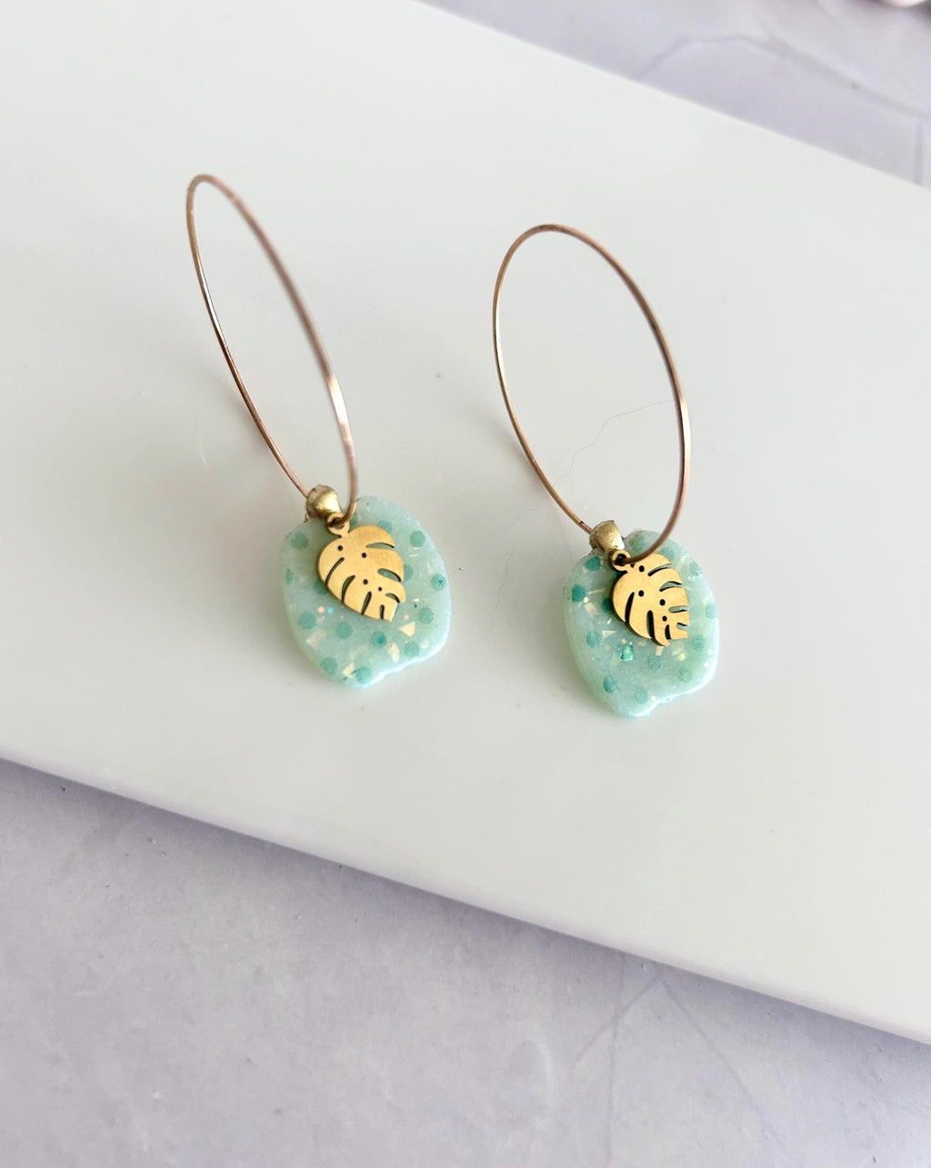 Green Polka Dot Pumpkin Earrings, Gold Leaf Clay Hoop Dangles, Fall Boho Jewelry