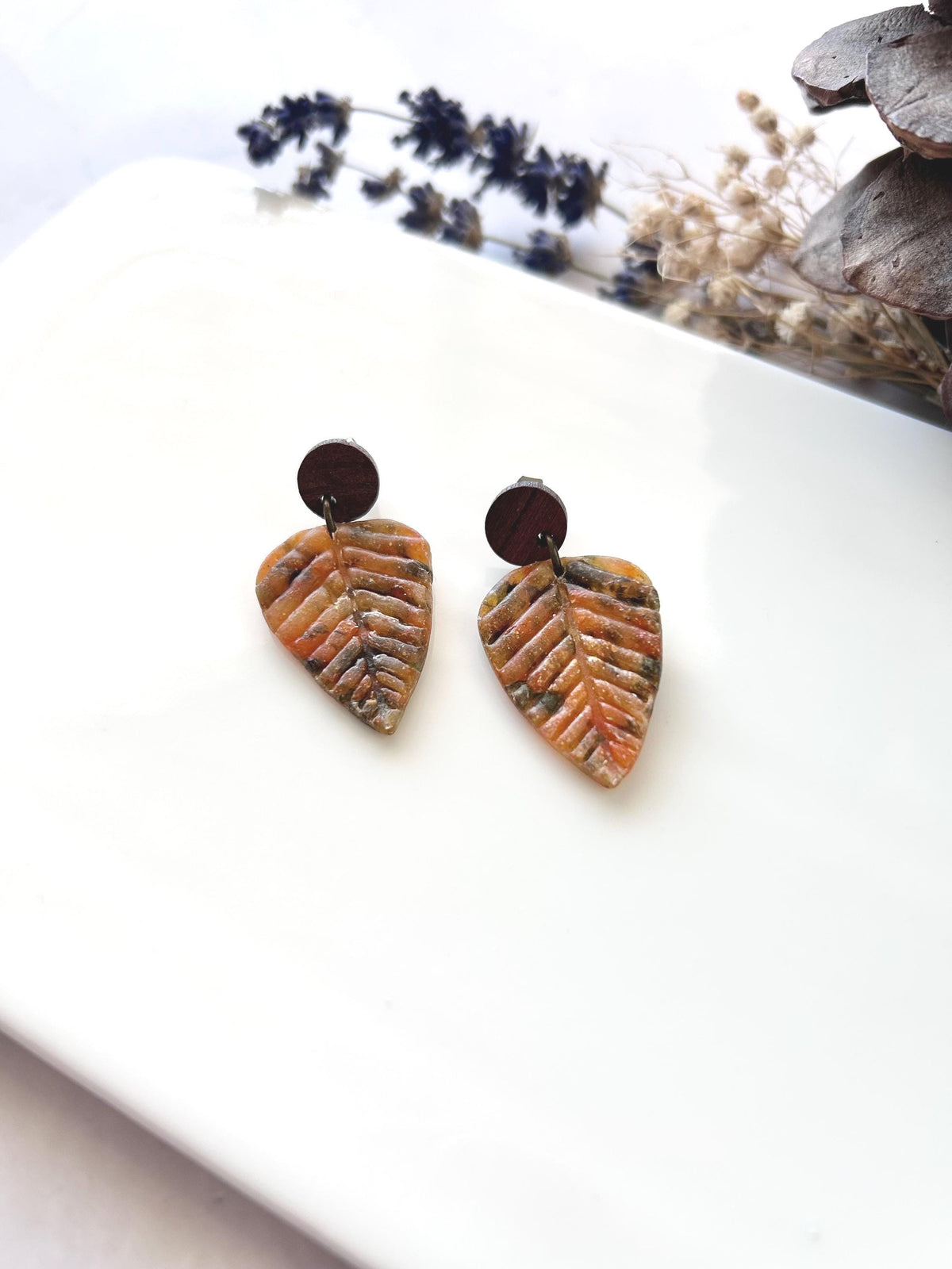 Rustic Autumn Leaves Earrings, Asymmetrical Wood Leaf Dangles, Handmade Lightweight, Colorful Fall Clay Jewelry