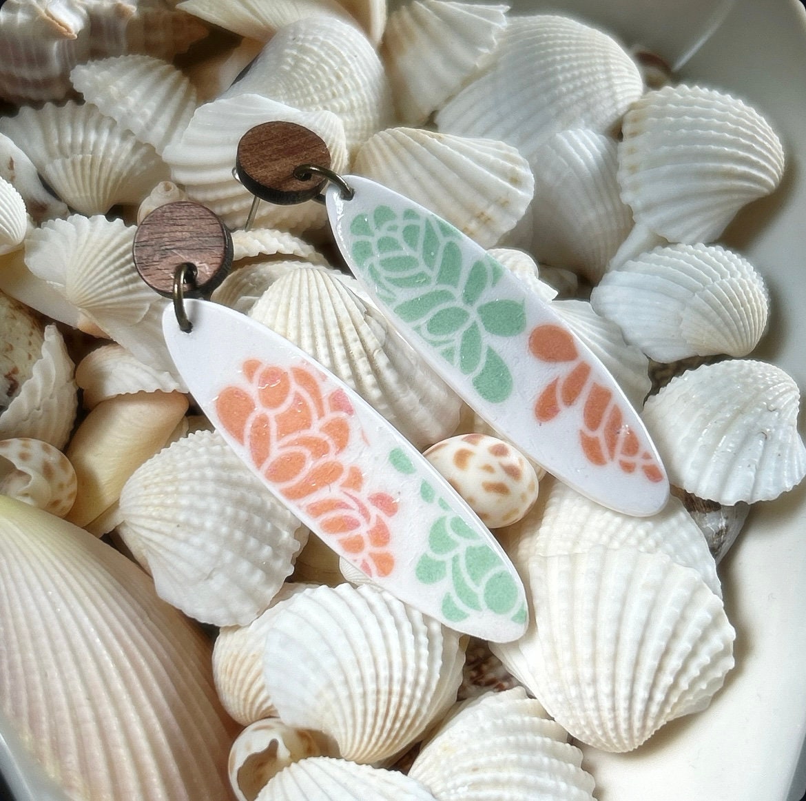 Handmade Succulent Dangle Earrings: Retro Surfboard Clay, Walnut Studs