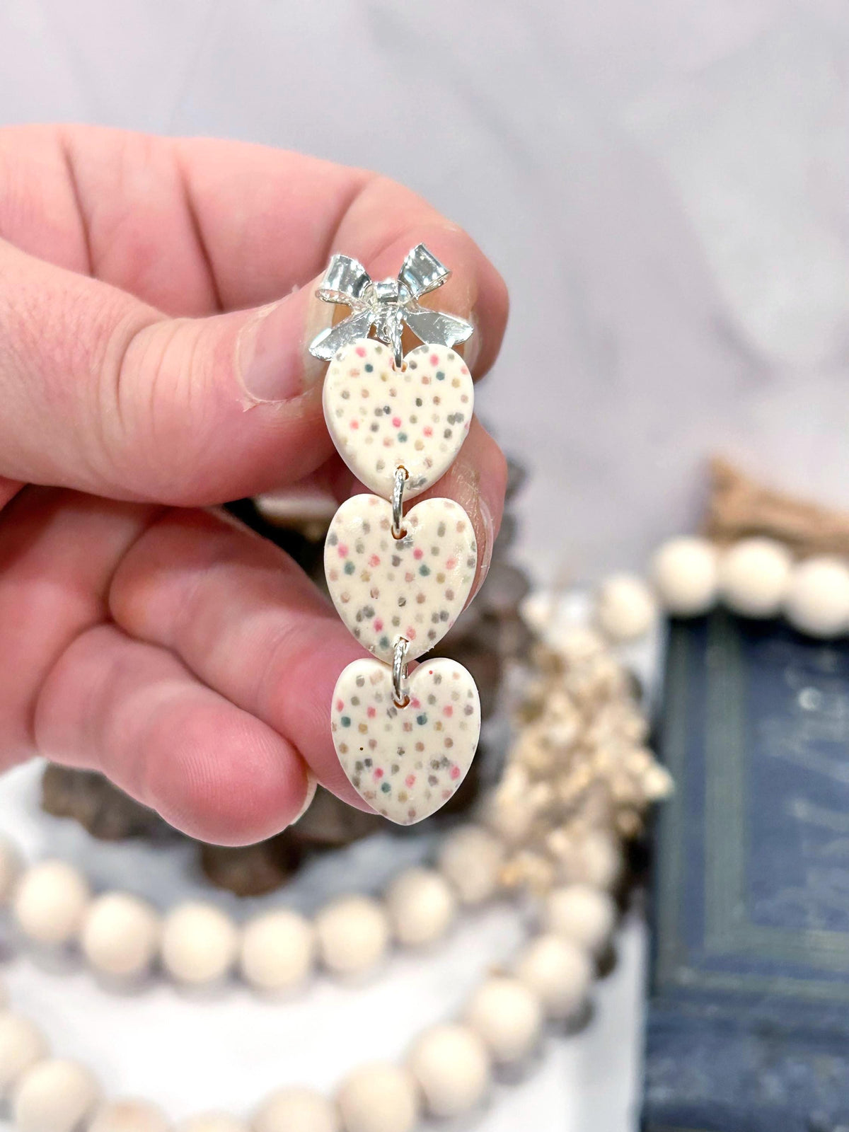 Handmade Clay Pastel Earrings, Rainbow Polka Dot Hearts, Long White Drop Dangles, Jewelry Gift