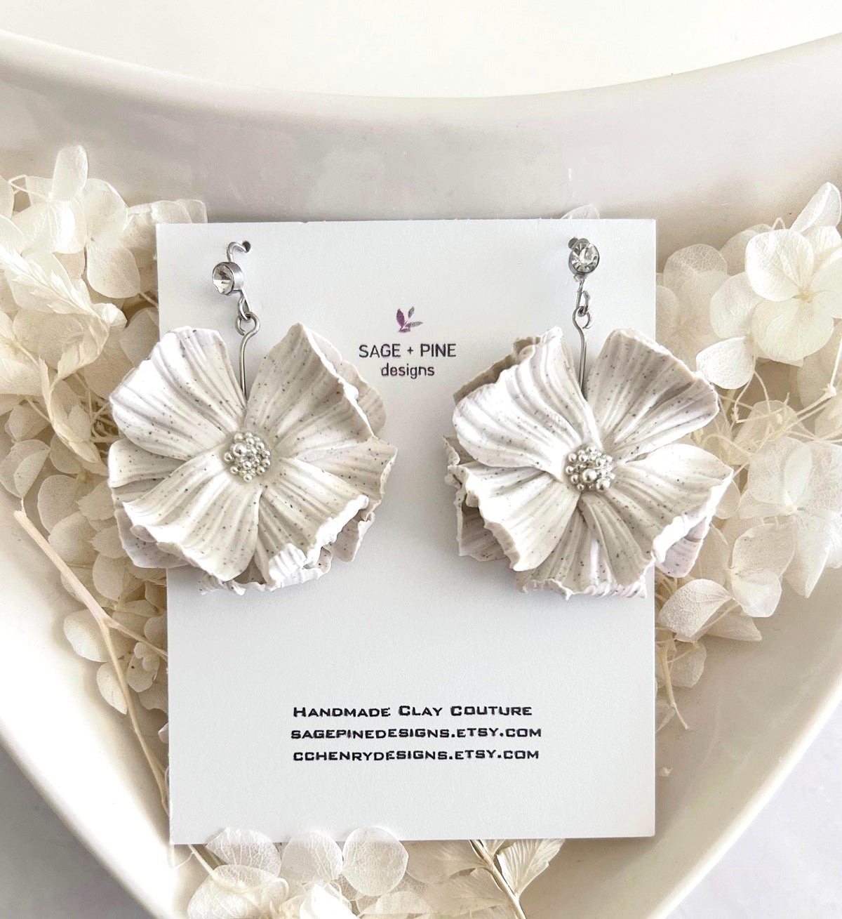 White Dangle Flower Earrings, Big Floral Drop Dangles, Silver Rhinestone Unique Statement Jewelry Gift