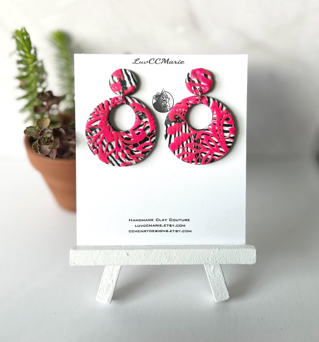 Pink and Black Zebra Earrings, 80's Retro Drop Hoop Clay Dangles, Modern Jewelry Gift