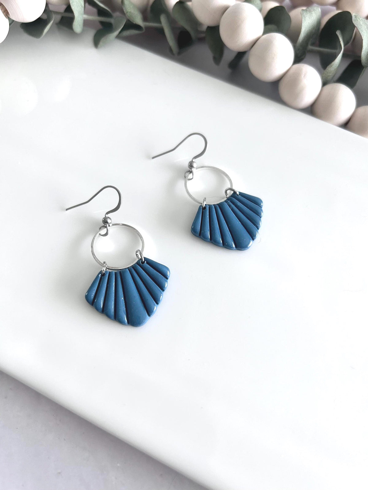 Teal Blue and Silver Dangle Earrings, Handmade Clay Hoop Dangles, Coastal Vacation Jewelry Gift
