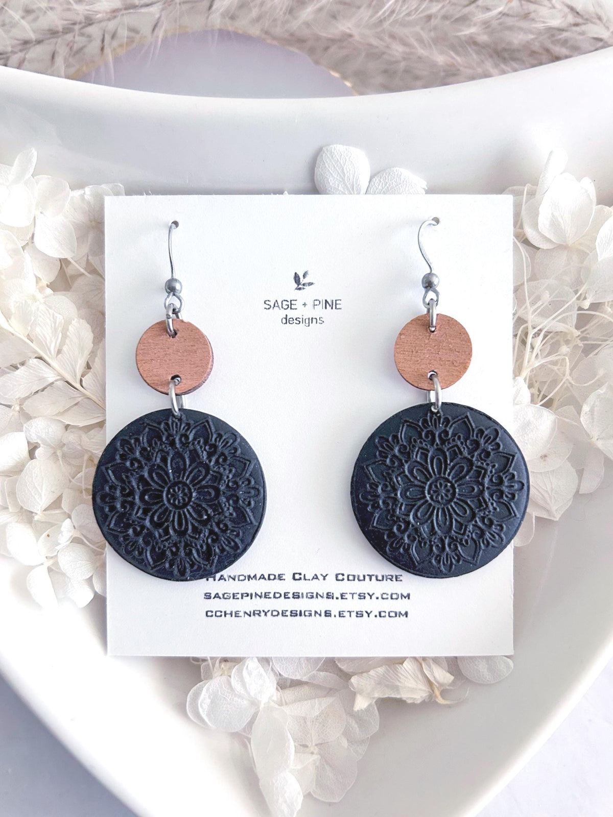 Matte Black Mandala Dangle Clay Earrings, Lightweight Wood Hypoallergenic Dangles, Modern Minimalist