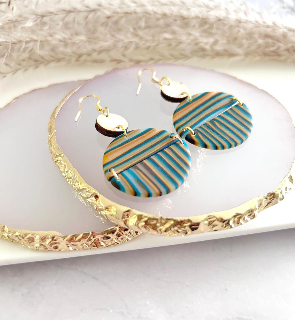 Burgundy Striped Earrings, Teal Mustard Fall Earrings, Multicolor Handmade Boho Wood Clay Drop Dangles