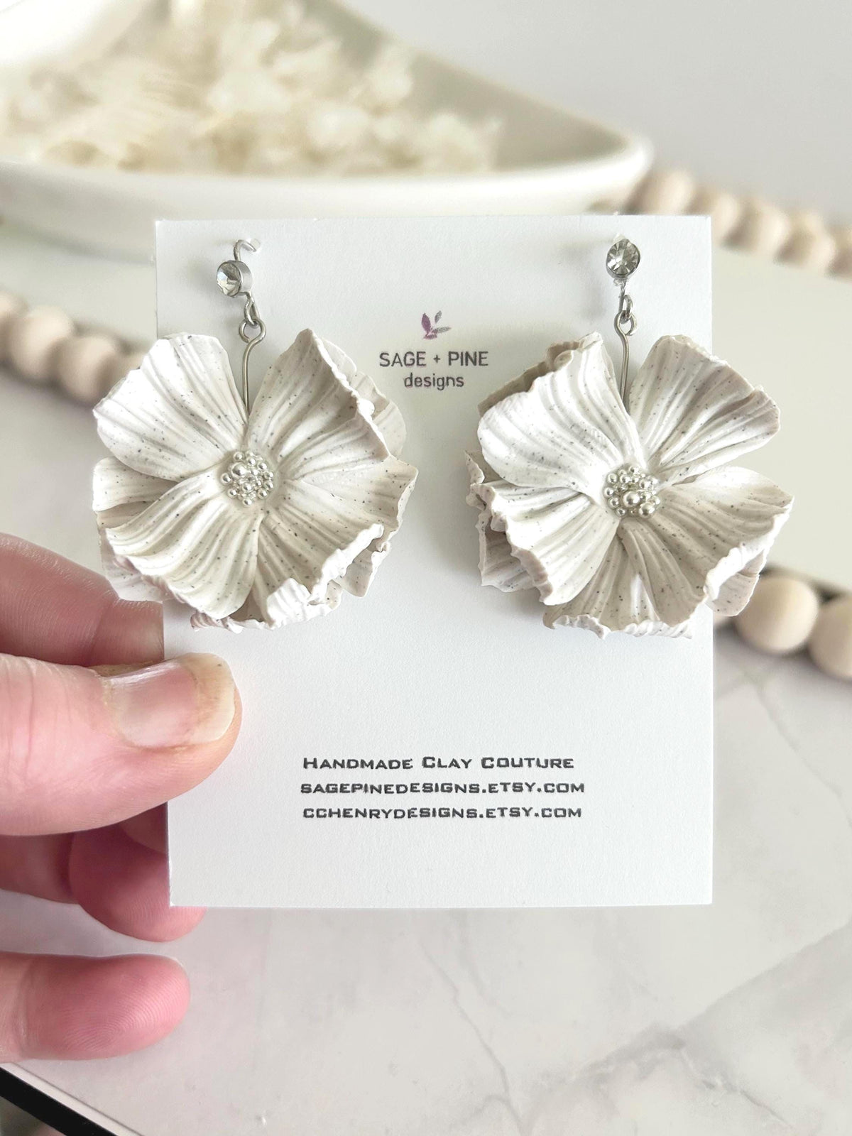 White Dangle Flower Earrings, Big Floral Drop Dangles, Silver Rhinestone Unique Statement Jewelry Gift