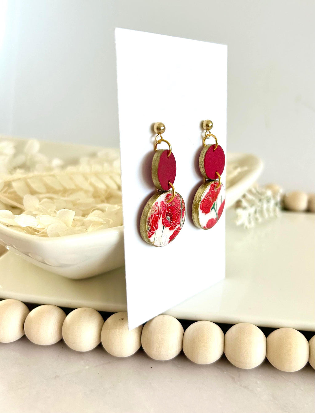 Dark Poppy Red Clay Earrings, Gold Floral Circle Dangles, Handmade Flower Boho Jewelry